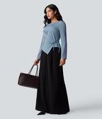 Wrinkle Recovery Boat Neck Long Sleeve Ruched Tie Work Blouse — Mountain Spring — view 6