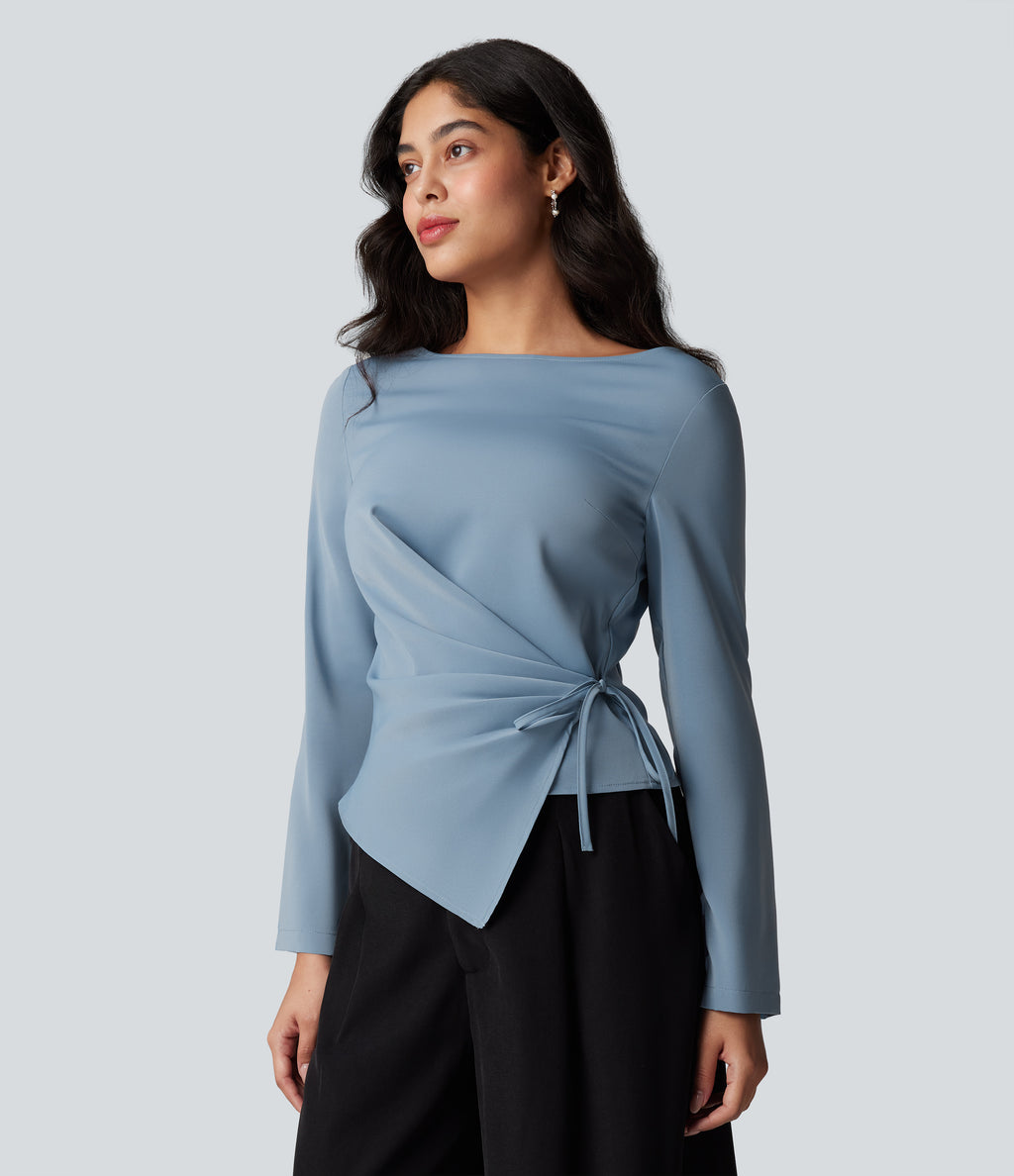 Wrinkle Recovery Boat Neck Long Sleeve Ruched Tie Work Blouse — Mountain Spring — view 4