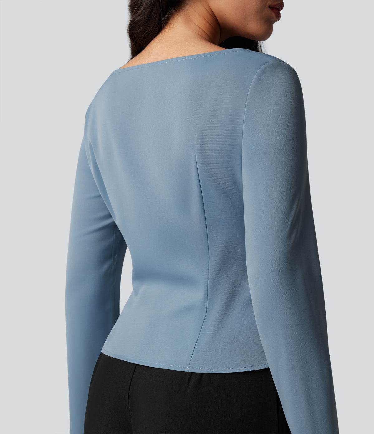 Wrinkle Recovery Boat Neck Long Sleeve Ruched Tie Work Blouse — Mountain Spring — view 5