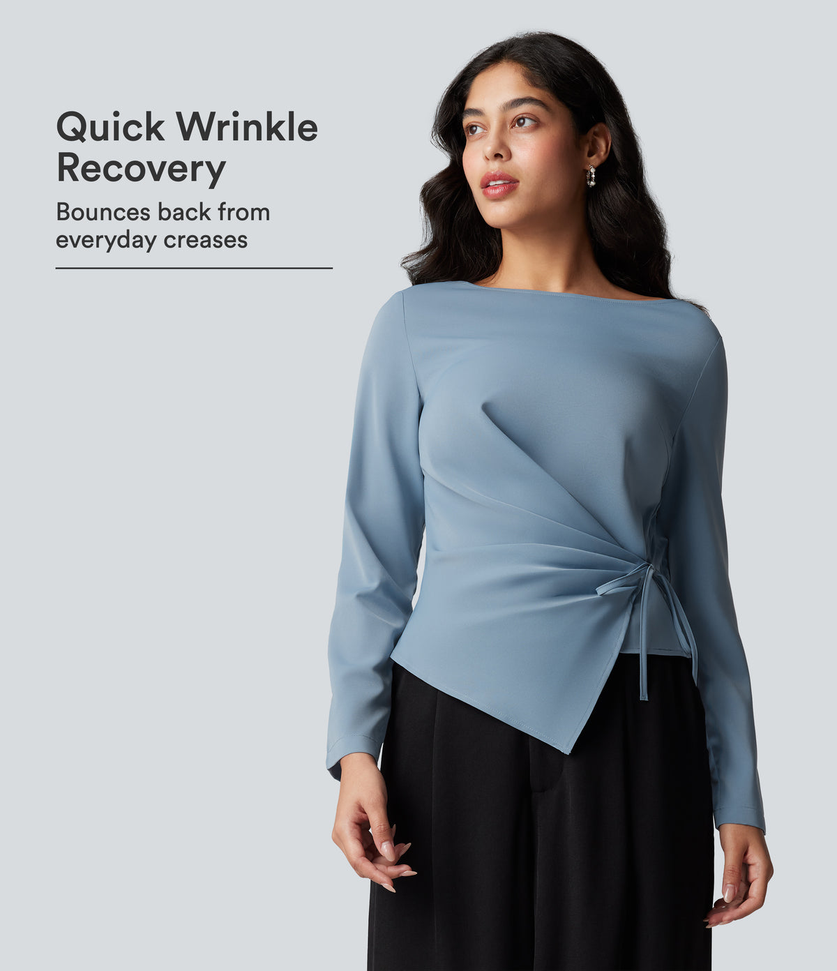 Wrinkle Recovery Boat Neck Long Sleeve Ruched Tie Work Blouse — Mountain Spring — view 1