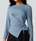 Wrinkle Recovery Boat Neck Long Sleeve Ruched Tie Work Blouse — Mountain Spring — view 2