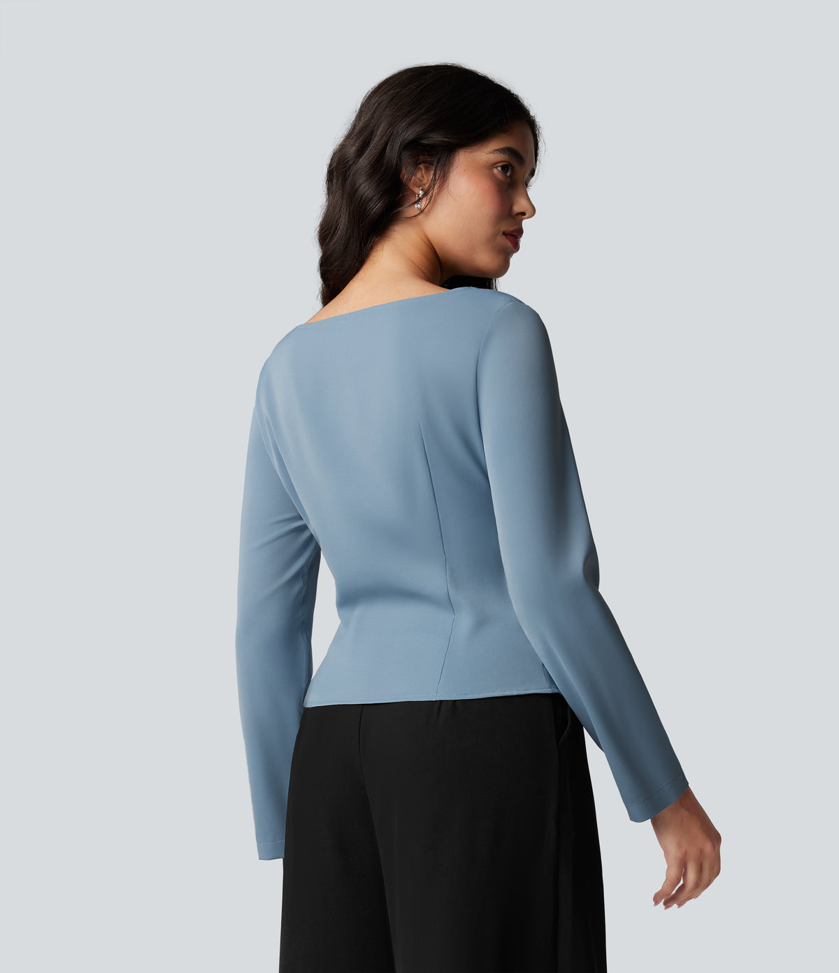 Wrinkle Recovery Boat Neck Long Sleeve Ruched Tie Work Blouse — Mountain Spring — view 3