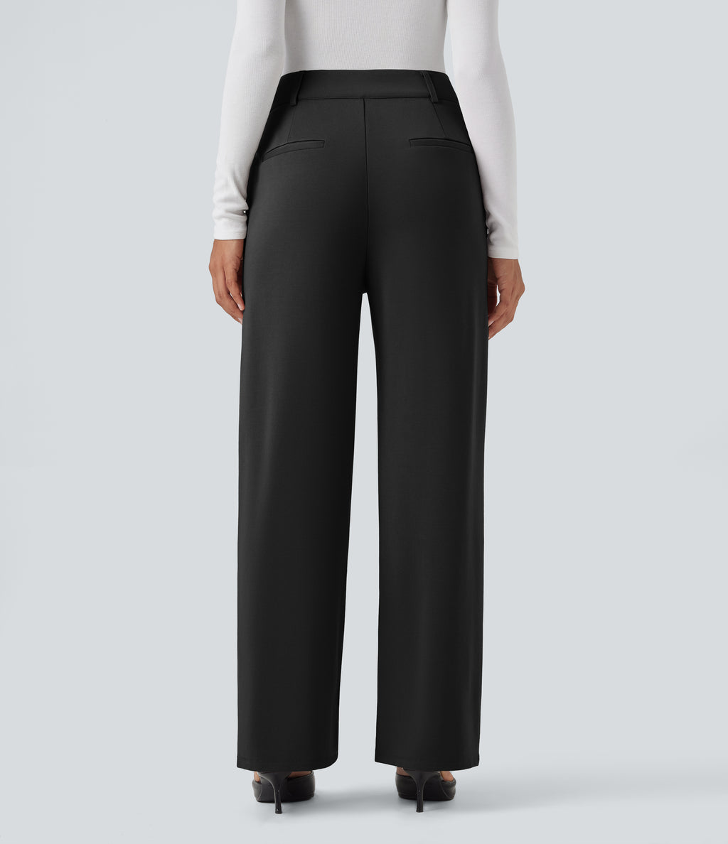 High Waisted Straight Leg Work Trousers with Pockets — Black — view 2