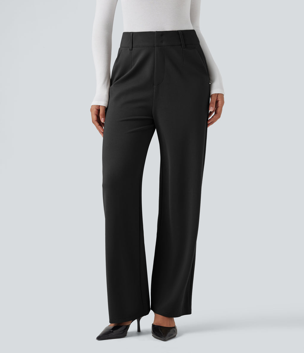 High Waisted Straight Leg Work Trousers with Pockets — Black — view 1