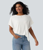 Round Neck Batwing Sleeve Relaxed Casual T-Shirt — White — view 1