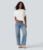 Round Neck Batwing Sleeve Relaxed Casual T-Shirt — White — view 6