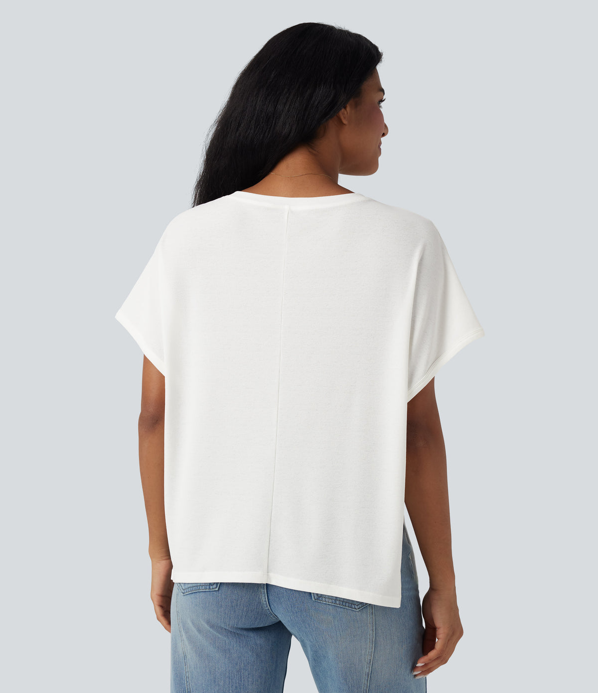 Round Neck Batwing Sleeve Relaxed Casual T-Shirt — White — view 2