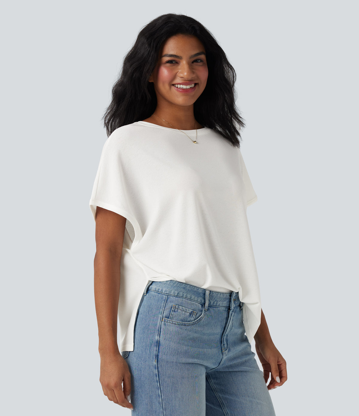 Round Neck Batwing Sleeve Relaxed Casual T-Shirt — White — view 3