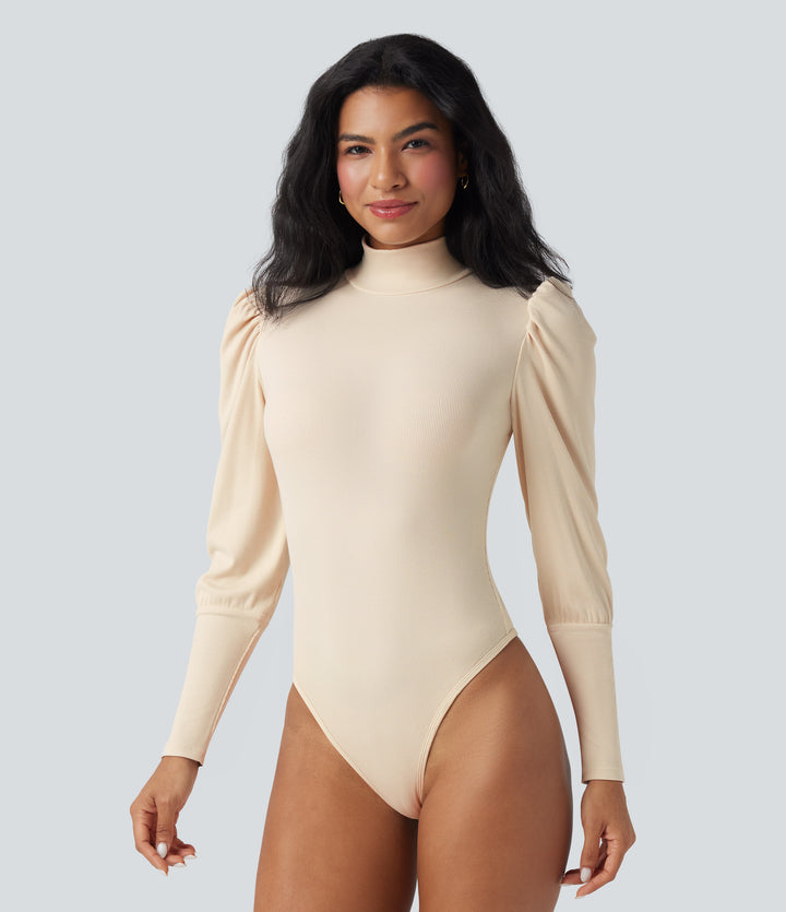 Ribbed Knit High-neck Puff Sleeve Skinny Work Bodysuit — Arctic Wolf — view 1