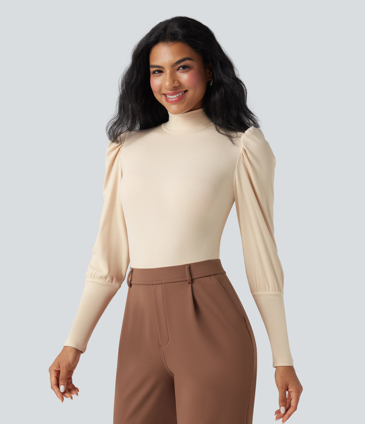 Ribbed Knit High-neck Puff Sleeve Skinny Work Bodysuit — Arctic Wolf — view 5