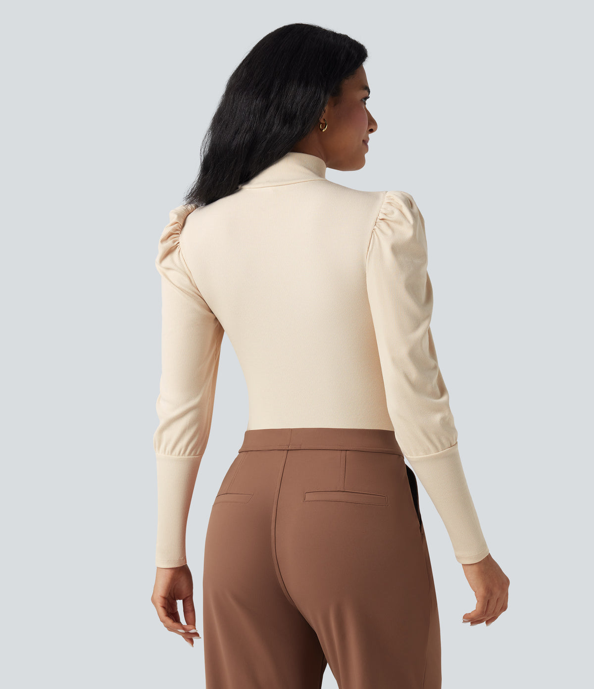 Ribbed Knit High-neck Puff Sleeve Skinny Work Bodysuit — Arctic Wolf — view 4