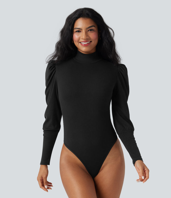 Ribbed Knit High-neck Puff Sleeve Skinny Work Bodysuit — Black — view 8
