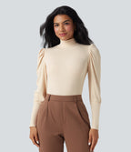 Ribbed Knit High-neck Puff Sleeve Skinny Work Bodysuit — Arctic Wolf — view 3