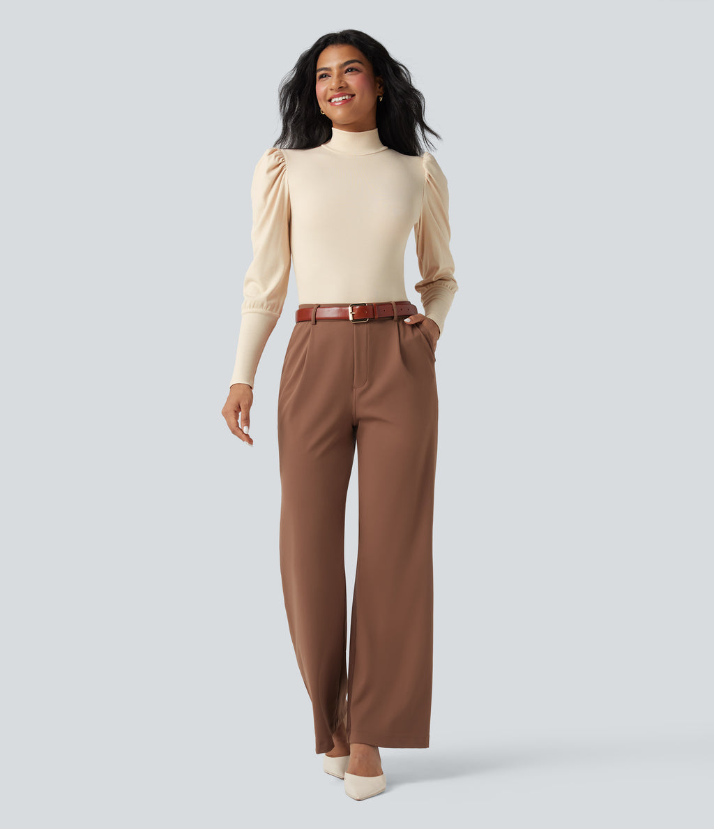 Ribbed Knit High-neck Puff Sleeve Skinny Work Bodysuit — Arctic Wolf — view 7
