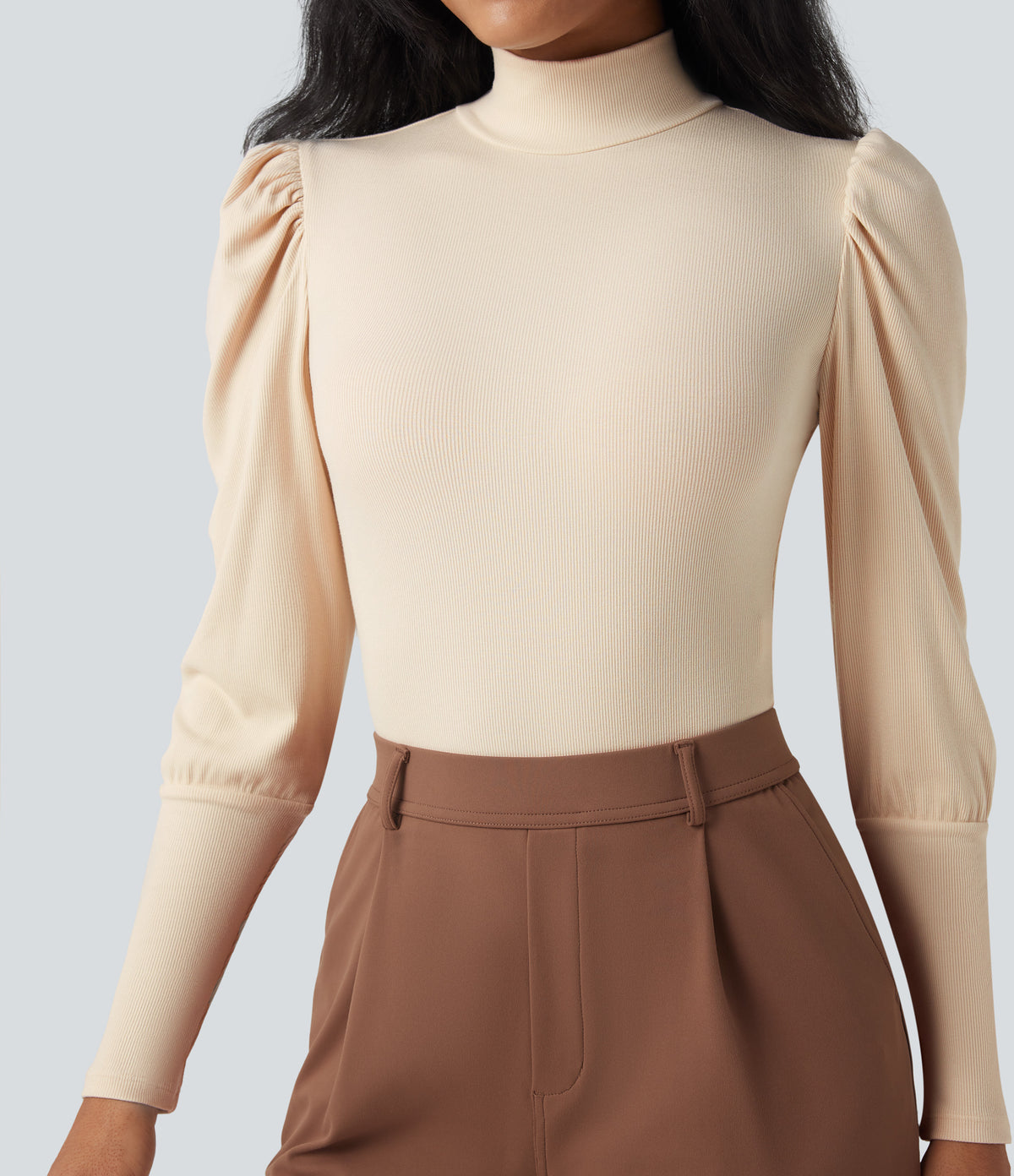 Ribbed Knit High-neck Puff Sleeve Skinny Work Bodysuit — Arctic Wolf — view 6