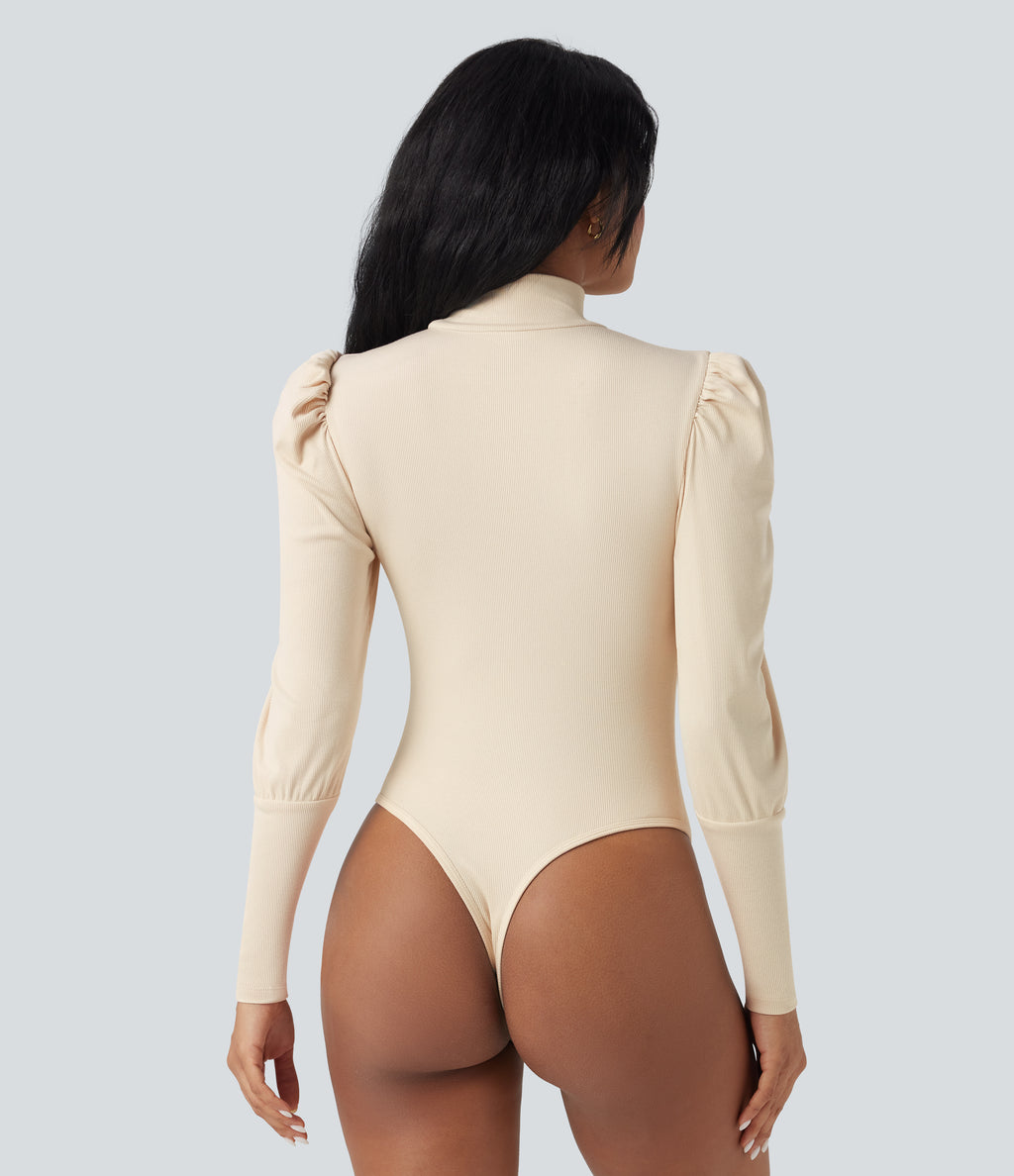 Ribbed Knit High-neck Puff Sleeve Skinny Work Bodysuit — Arctic Wolf — view 2