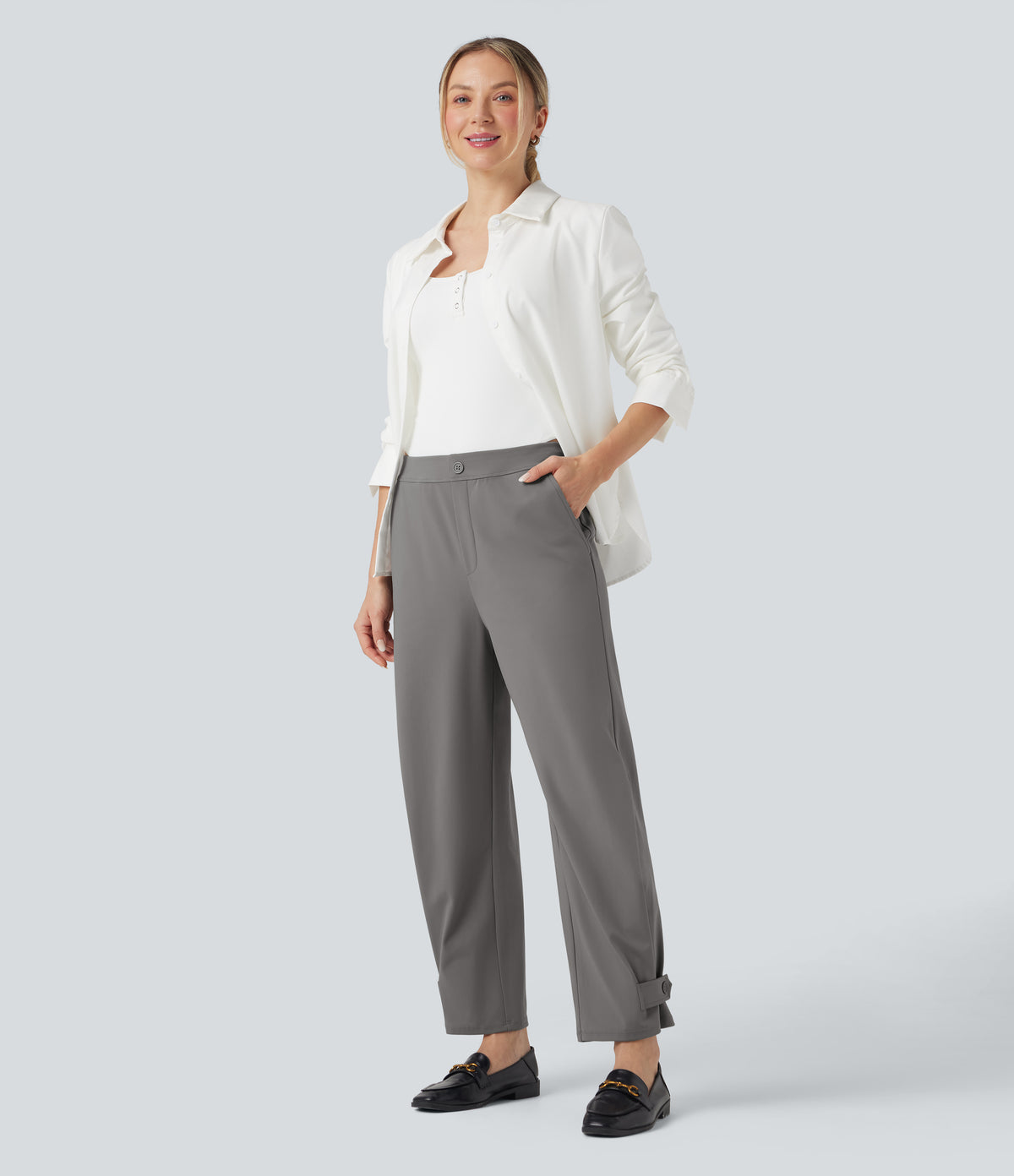 Mid Rise Adjustable Pant Width Work Tapered Trousers with Pockets — Silent Storm — view 6