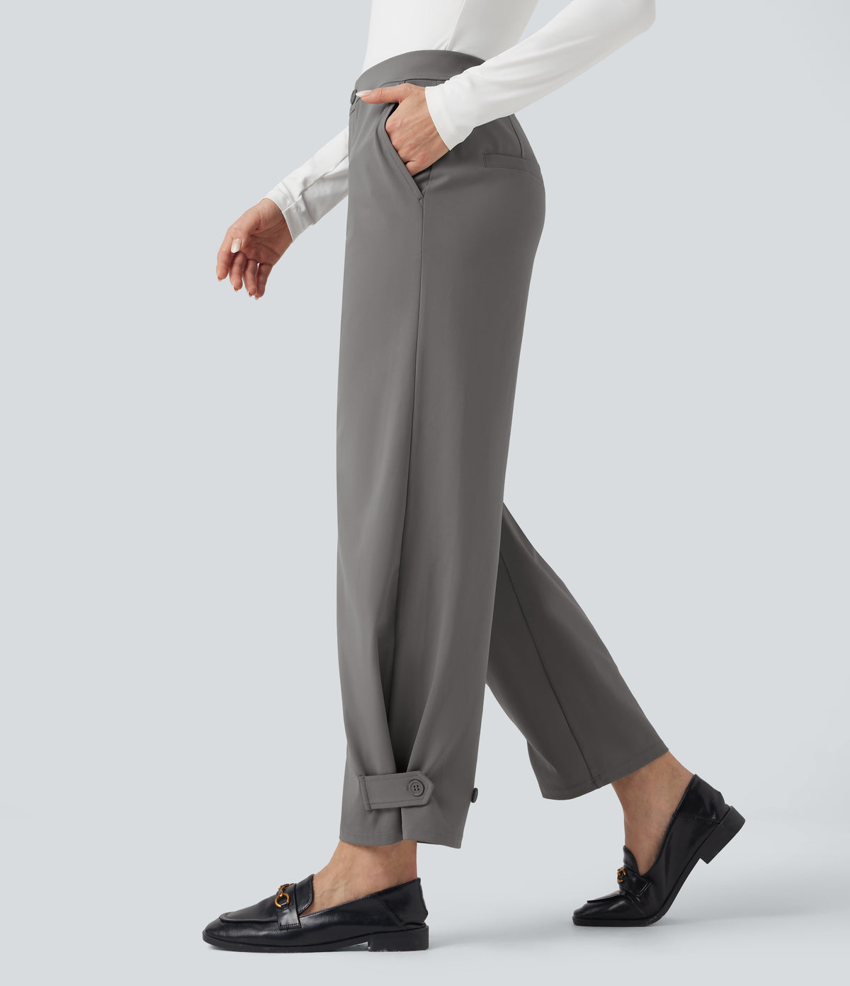 Mid Rise Adjustable Pant Width Work Tapered Trousers with Pockets — Silent Storm — view 1