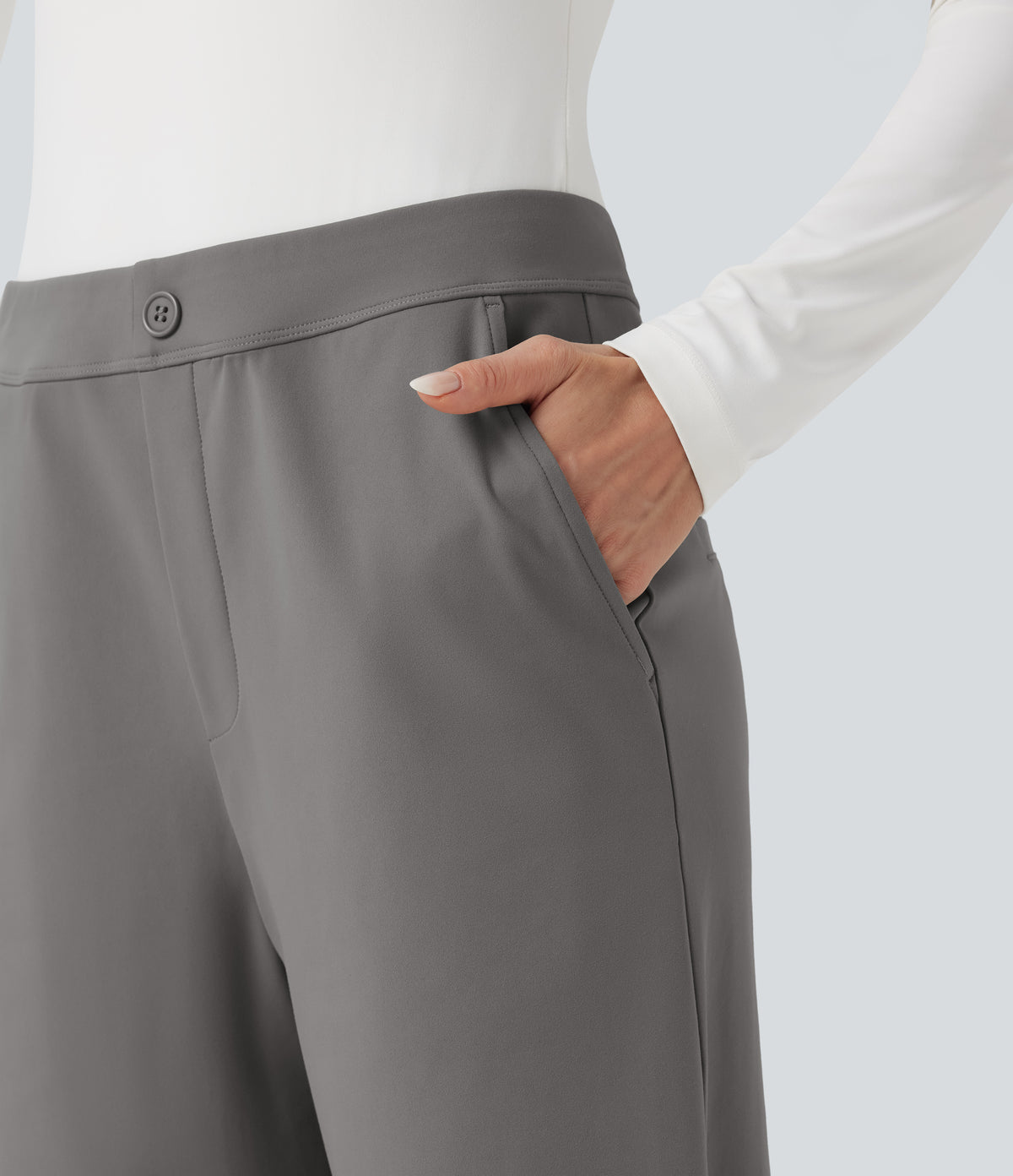 Mid Rise Adjustable Pant Width Work Tapered Trousers with Pockets — Silent Storm — view 4