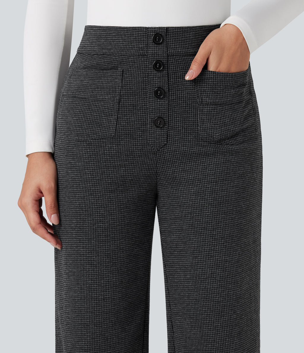 High Waisted Houndstooth Straight Leg Work Trousers with Pockets — Shadow Knit — view 5