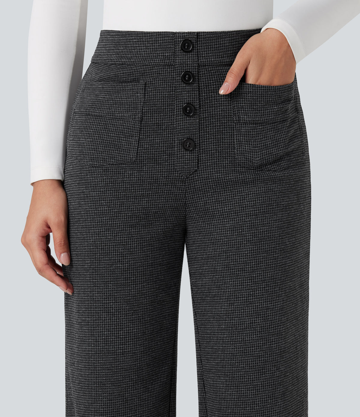 High Waisted Houndstooth Straight Leg Work Trousers with Pockets — Shadow Knit — view 5