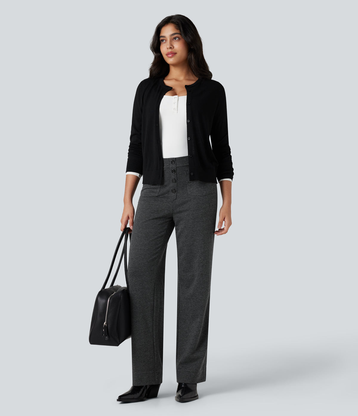 High Waisted Houndstooth Straight Leg Work Trousers with Pockets — Shadow Knit — view 6