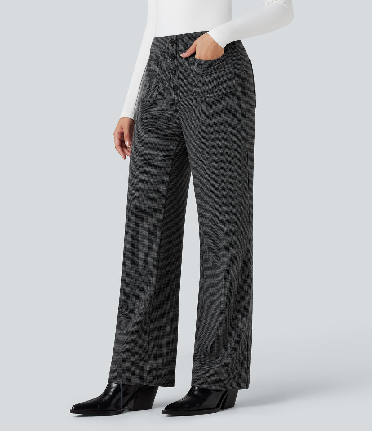 High Waisted Houndstooth Straight Leg Work Trousers with Pockets — Shadow Knit — view 3