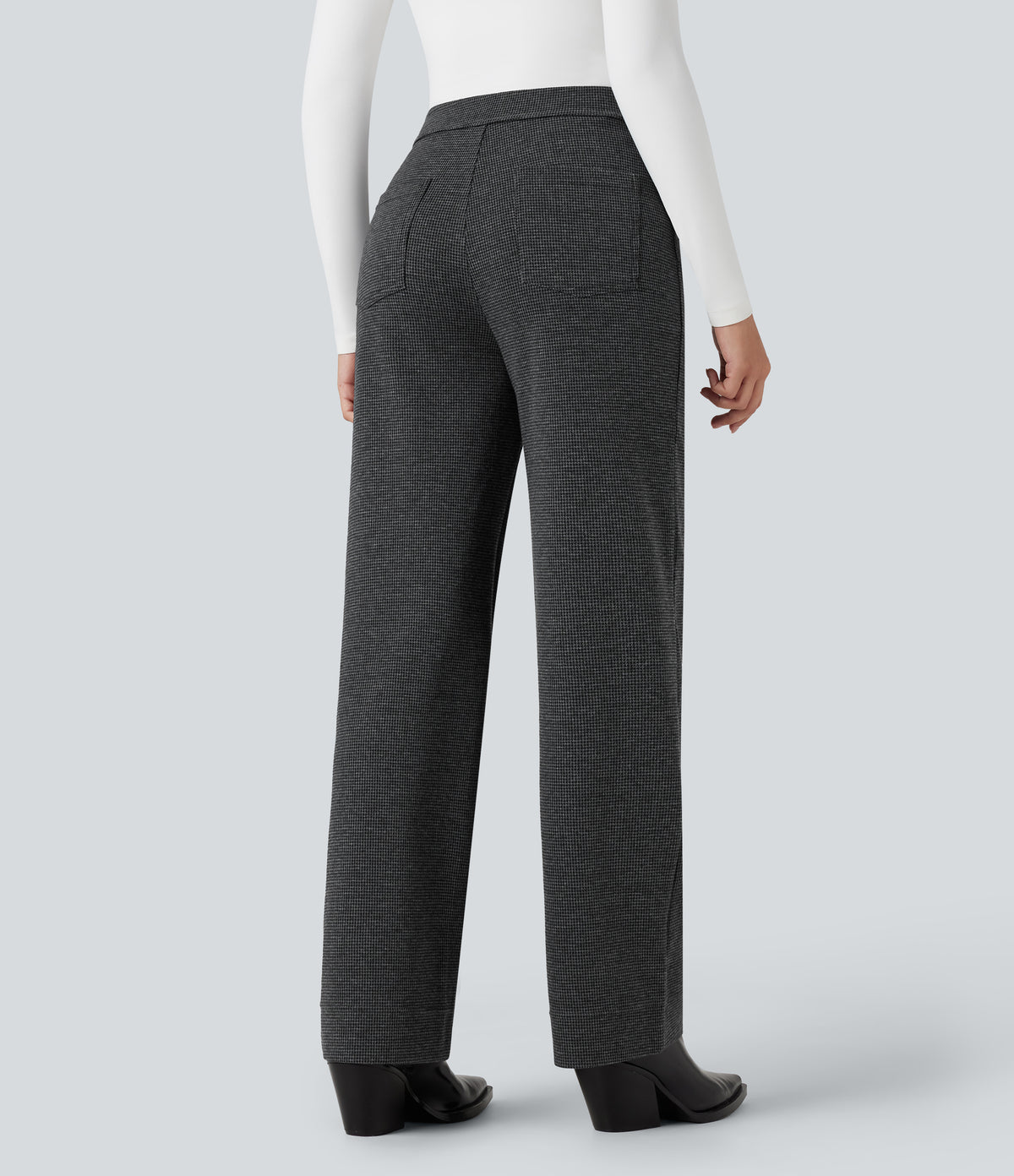 High Waisted Houndstooth Straight Leg Work Trousers with Pockets — Shadow Knit — view 2