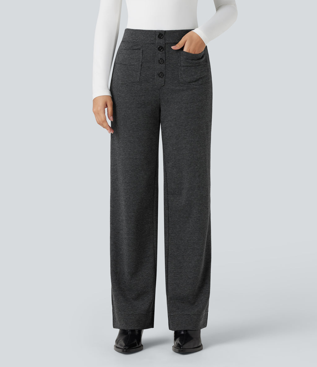 High Waisted Houndstooth Straight Leg Work Trousers with Pockets — Shadow Knit — view 1