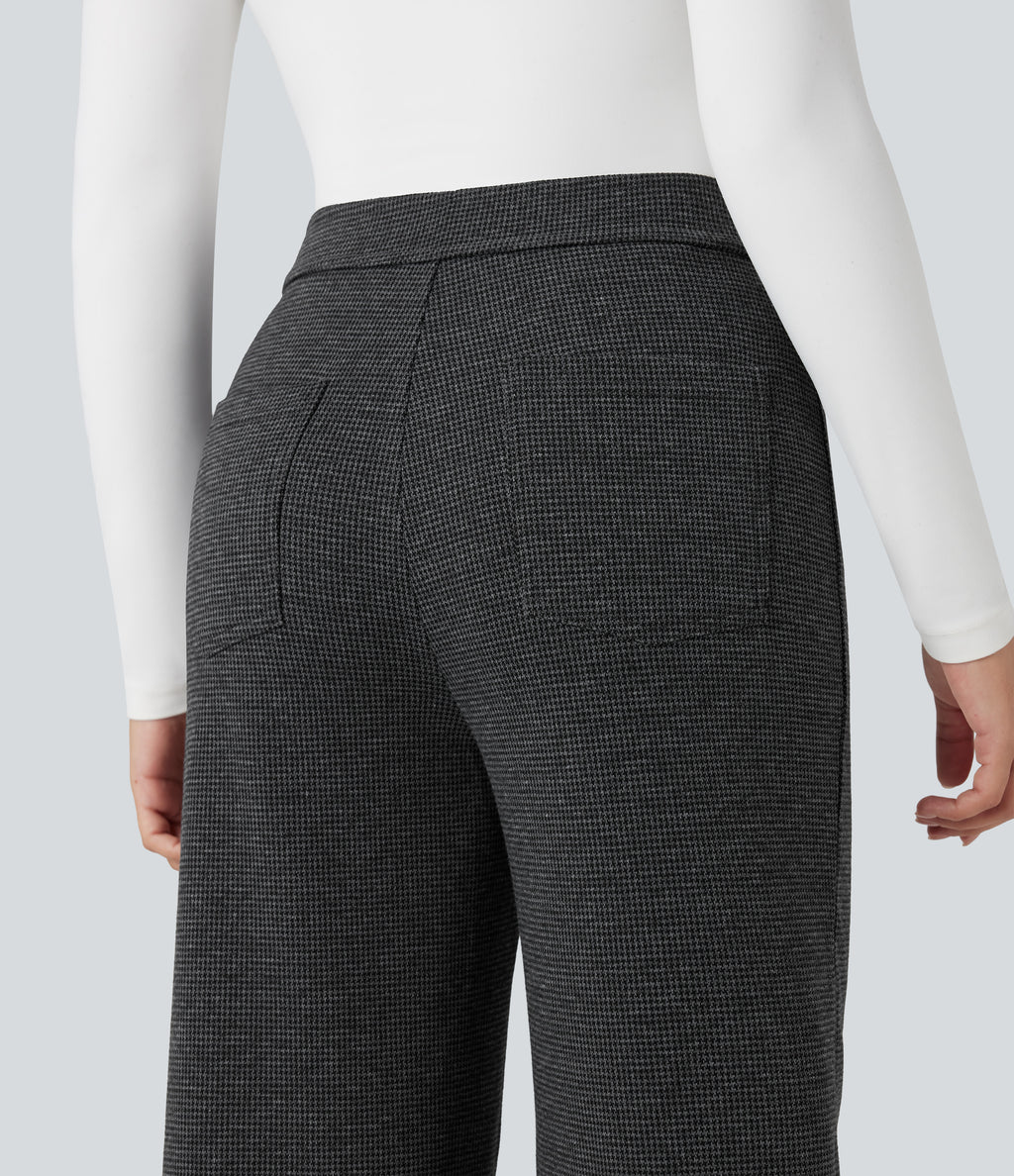 High Waisted Houndstooth Straight Leg Work Trousers with Pockets — Shadow Knit — view 4