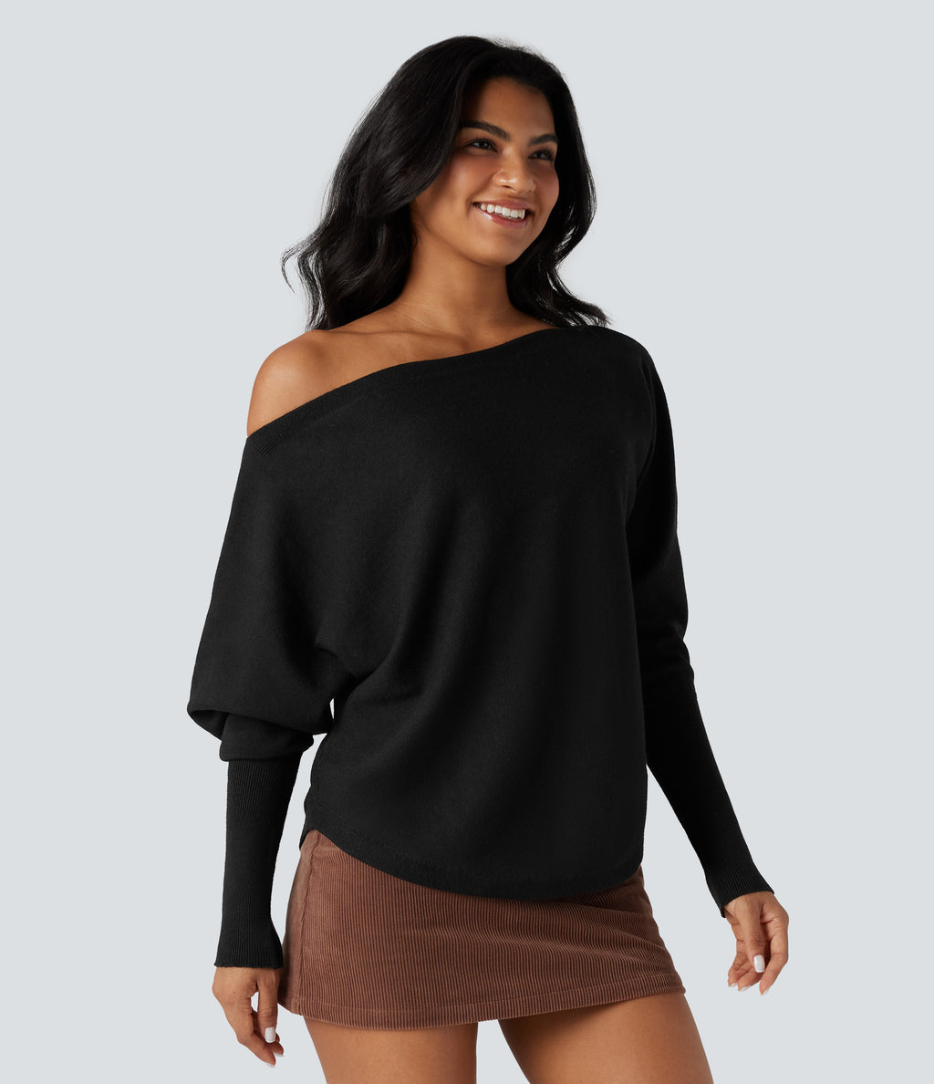 One-shoulder Batwing Sleeve Curved Hem Work Jumper — Black — view 6
