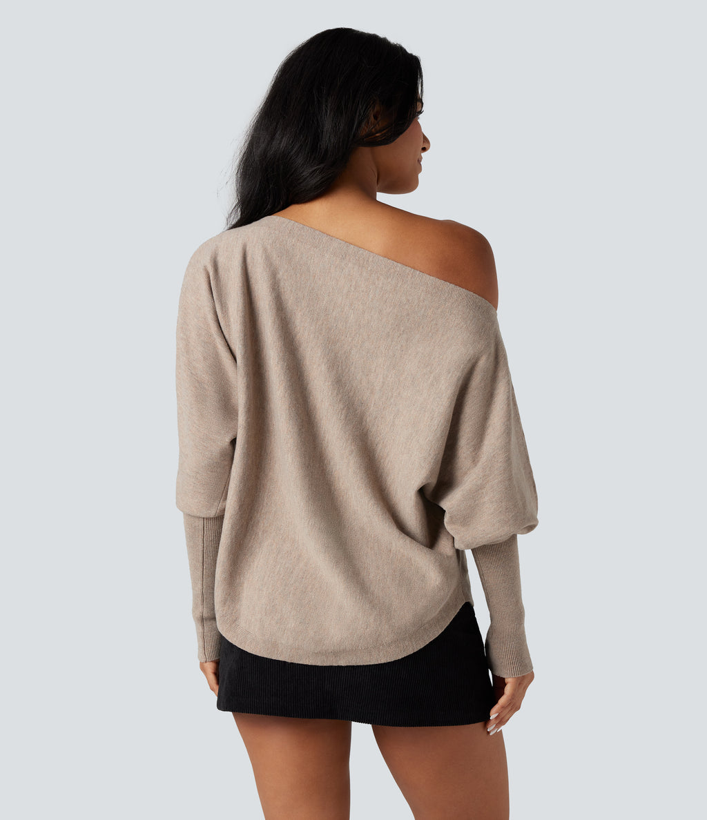 One-shoulder Batwing Sleeve Curved Hem Work Jumper — Doeskin — view 2