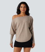 One-shoulder Batwing Sleeve Curved Hem Work Jumper — Doeskin — view 3