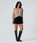 One-shoulder Batwing Sleeve Curved Hem Work Jumper — Doeskin — view 5
