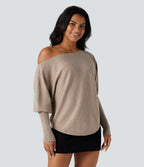 One-shoulder Batwing Sleeve Curved Hem Work Jumper — Doeskin — view 1