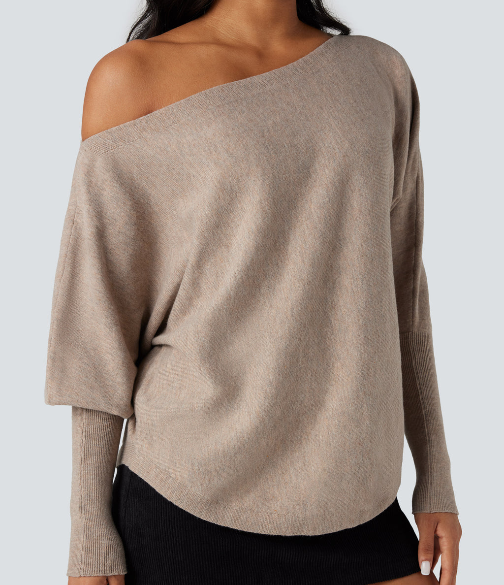 One-shoulder Batwing Sleeve Curved Hem Work Jumper — Doeskin — view 4