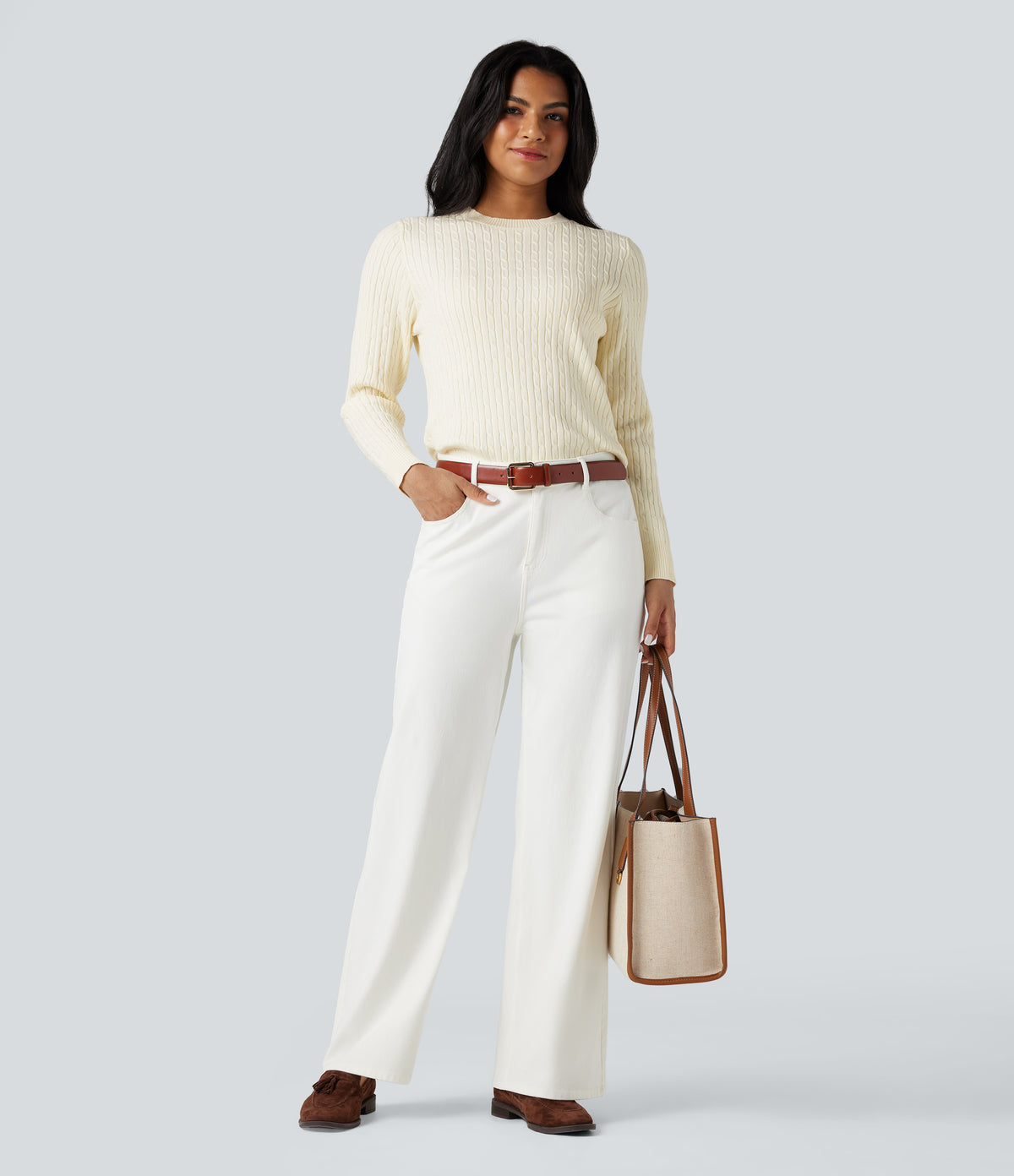 Round Neck Long Sleeve Cable Knit Casual Jumper — Pristine — view 6
