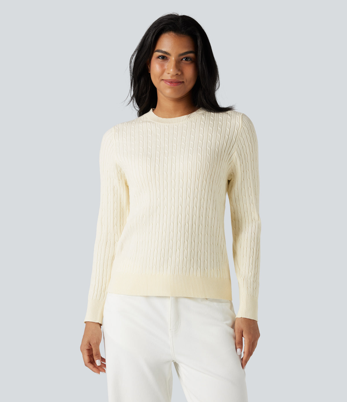 Round Neck Long Sleeve Cable Knit Casual Jumper — Pristine — view 5