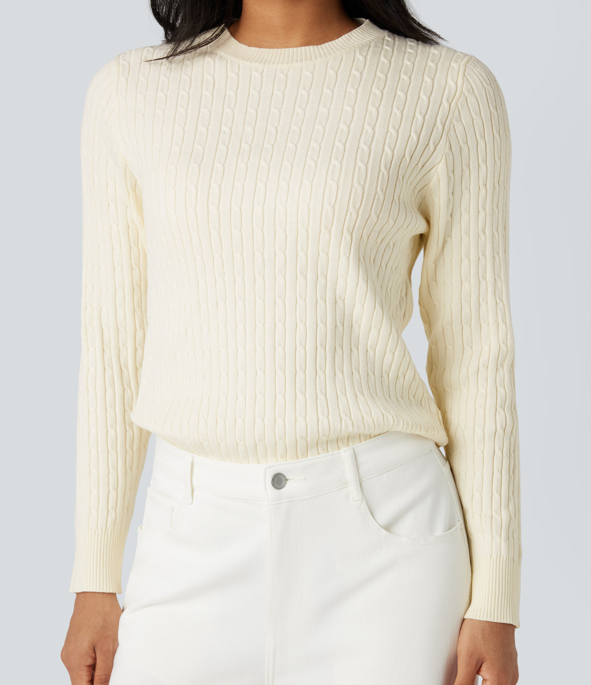 Round Neck Long Sleeve Cable Knit Casual Jumper — Pristine — view 4