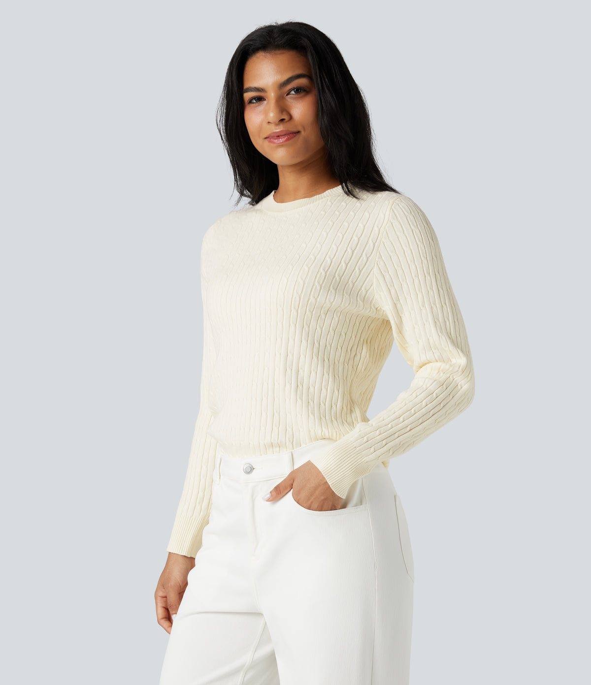 Round Neck Long Sleeve Cable Knit Casual Jumper — Pristine — view 3
