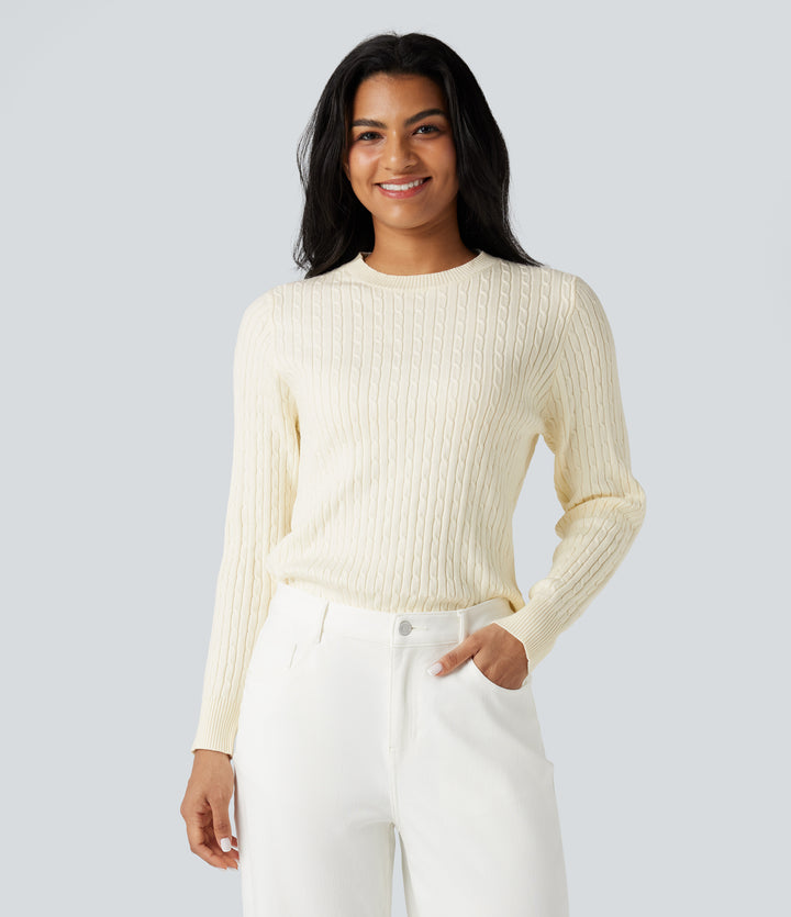 Round Neck Long Sleeve Cable Knit Casual Jumper — Pristine — view 1
