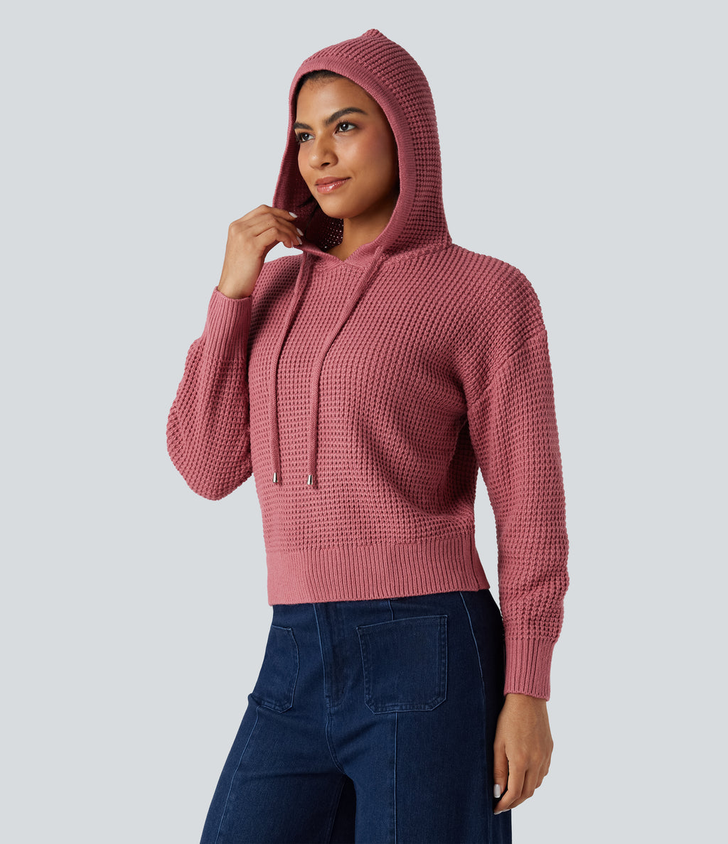 Hooded Drawstring Long Sleeve Casual Jumper — Dusty Rose — view 6