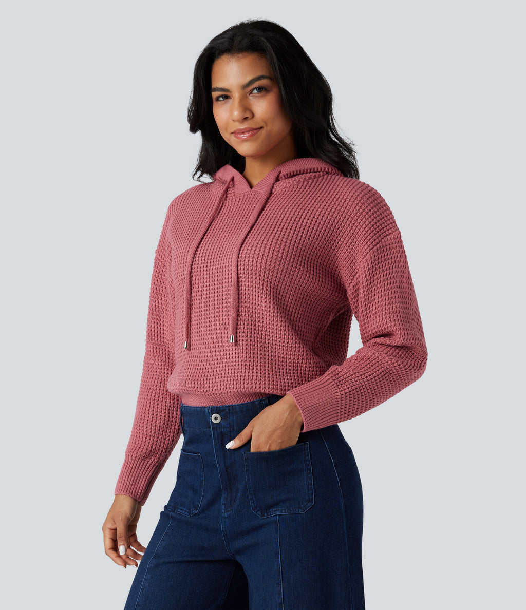 Hooded Drawstring Long Sleeve Casual Jumper — Dusty Rose — view 3