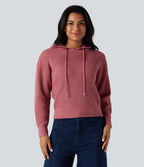 Hooded Drawstring Long Sleeve Casual Jumper — Dusty Rose — view 5
