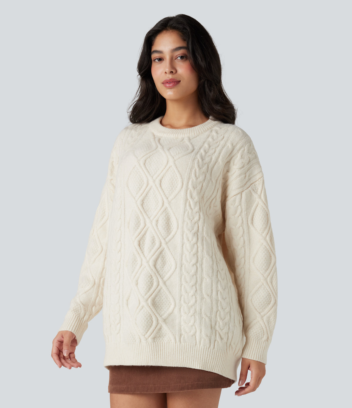 Round Neck Long Sleeve Casual Jumper — Tofu — view 3