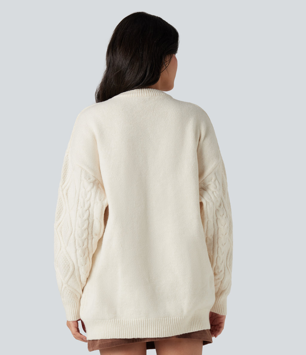Round Neck Long Sleeve Casual Jumper — Tofu — view 2