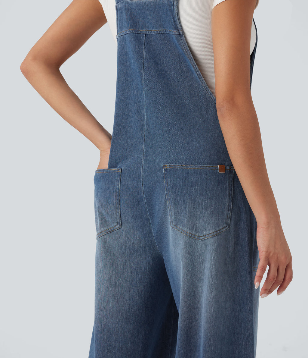 Square Neck Washed Denim Casual Dungarees with Pockets — Blue Jasper Denim — view 5