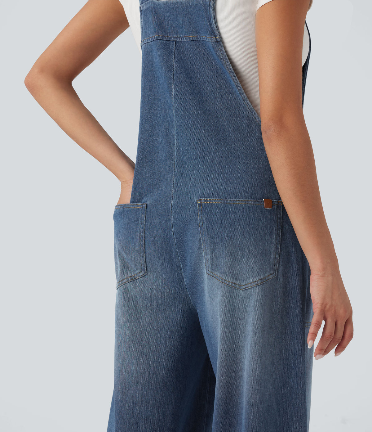 Square Neck Washed Denim Casual Dungarees with Pockets — Blue Jasper Denim — view 5