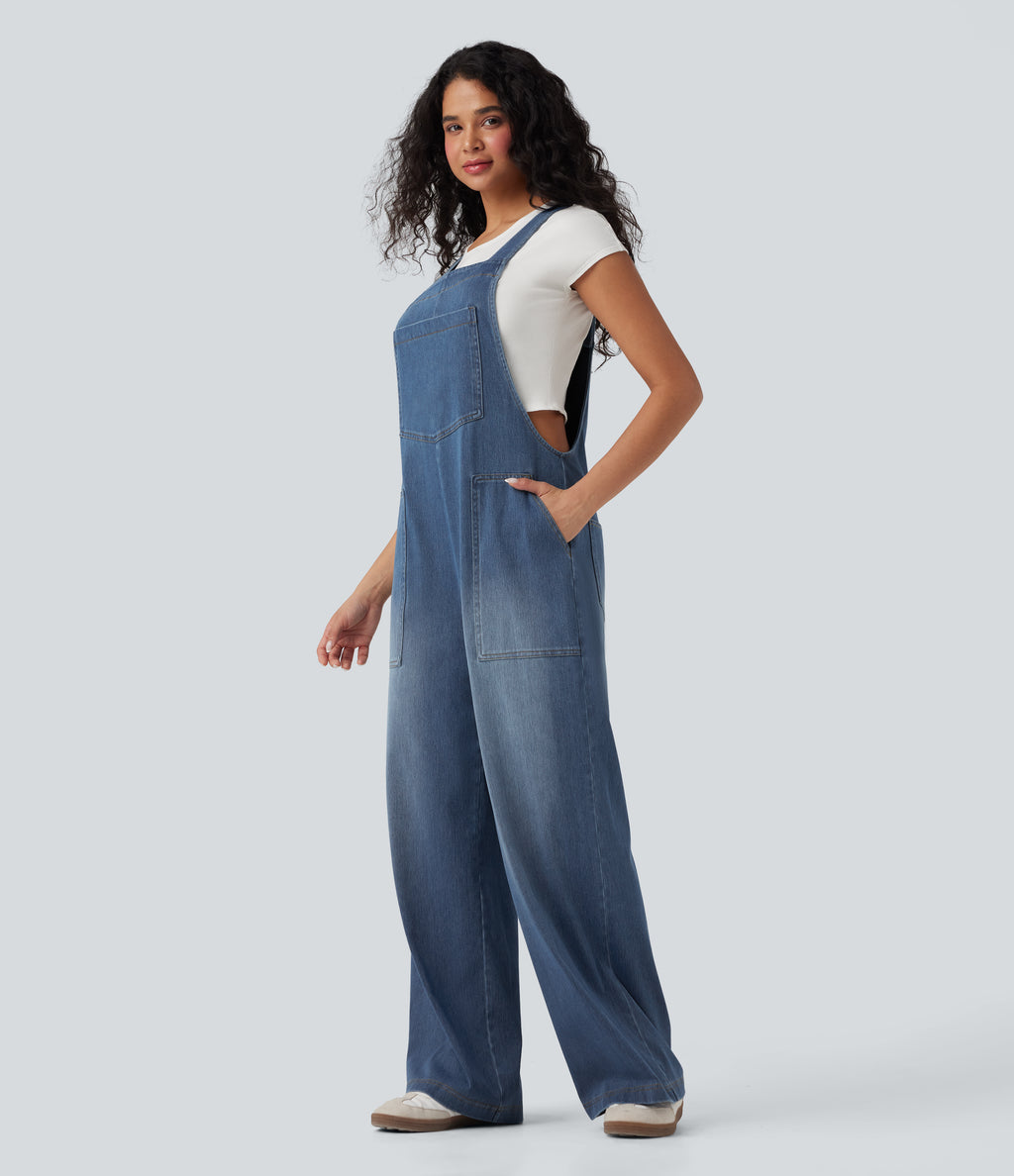 Square Neck Washed Denim Casual Dungarees with Pockets — Blue Jasper Denim — view 3