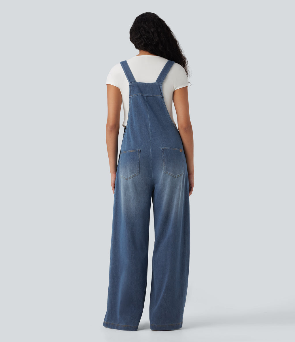 Square Neck Washed Denim Casual Dungarees with Pockets — Blue Jasper Denim — view 2